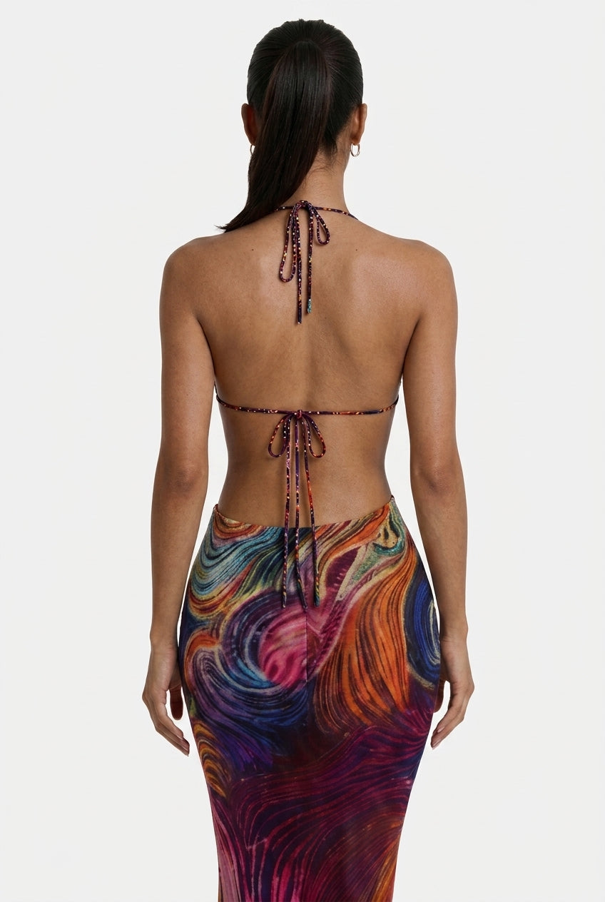 Abstract Psychedelic Mesh Halter Maxi Dress