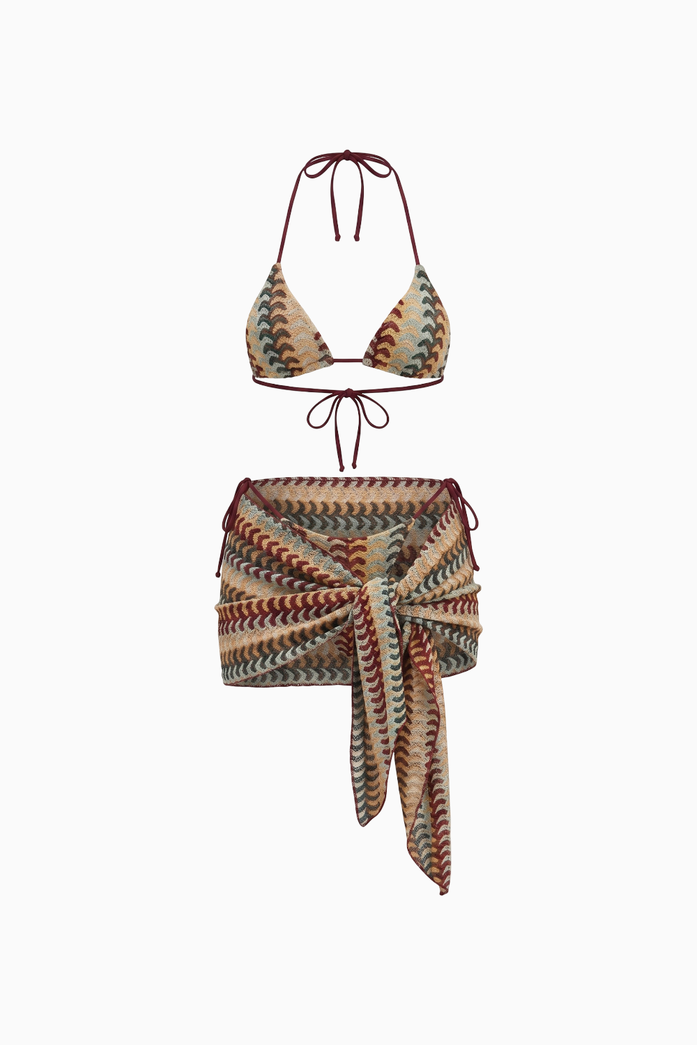 3-Piece Boho Zigzag Bikini & Sarong Set