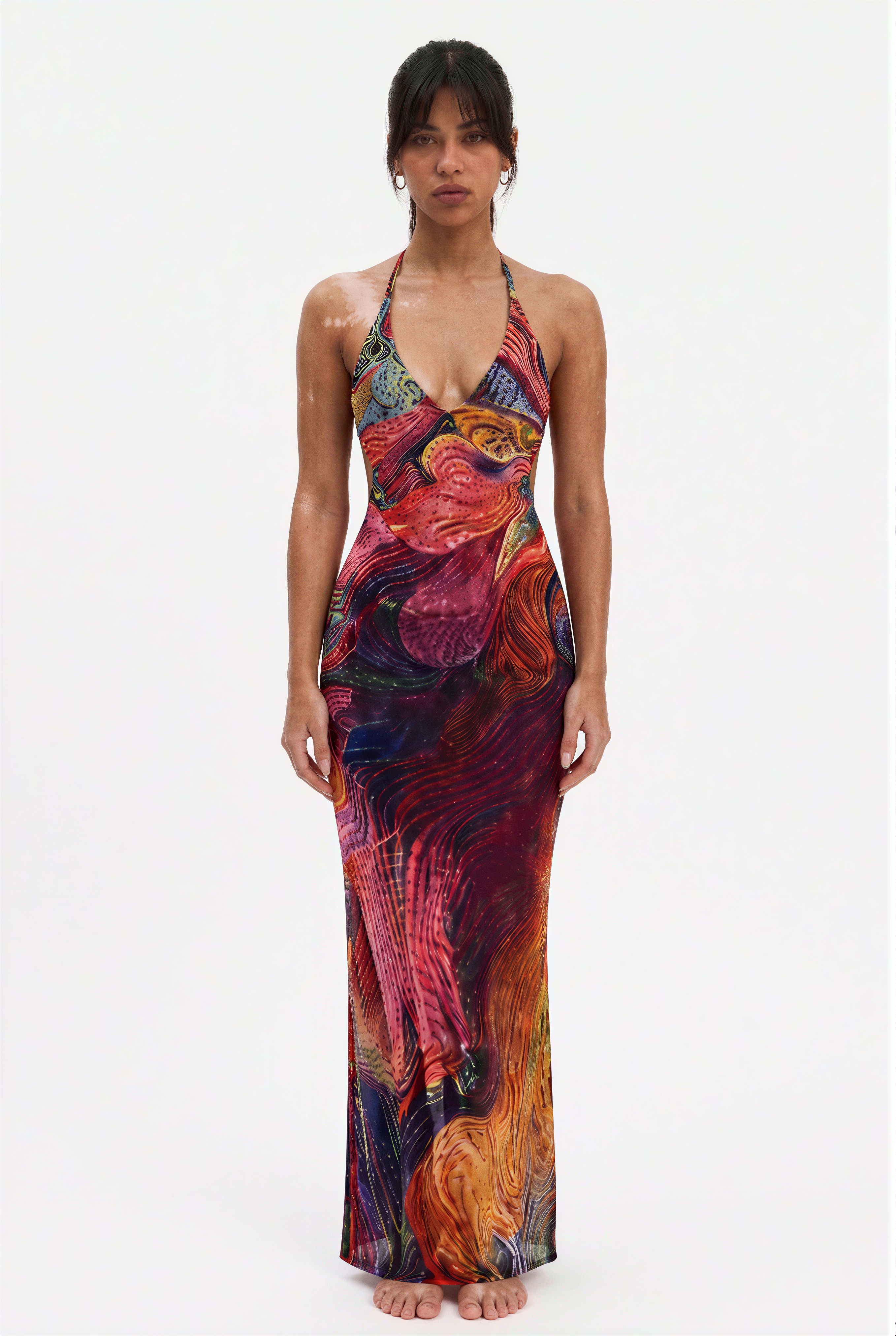 Abstract Psychedelic Mesh Halter Maxi Dress