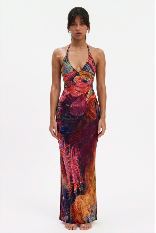 Abstract Psychedelic Mesh Halter Maxi Dress