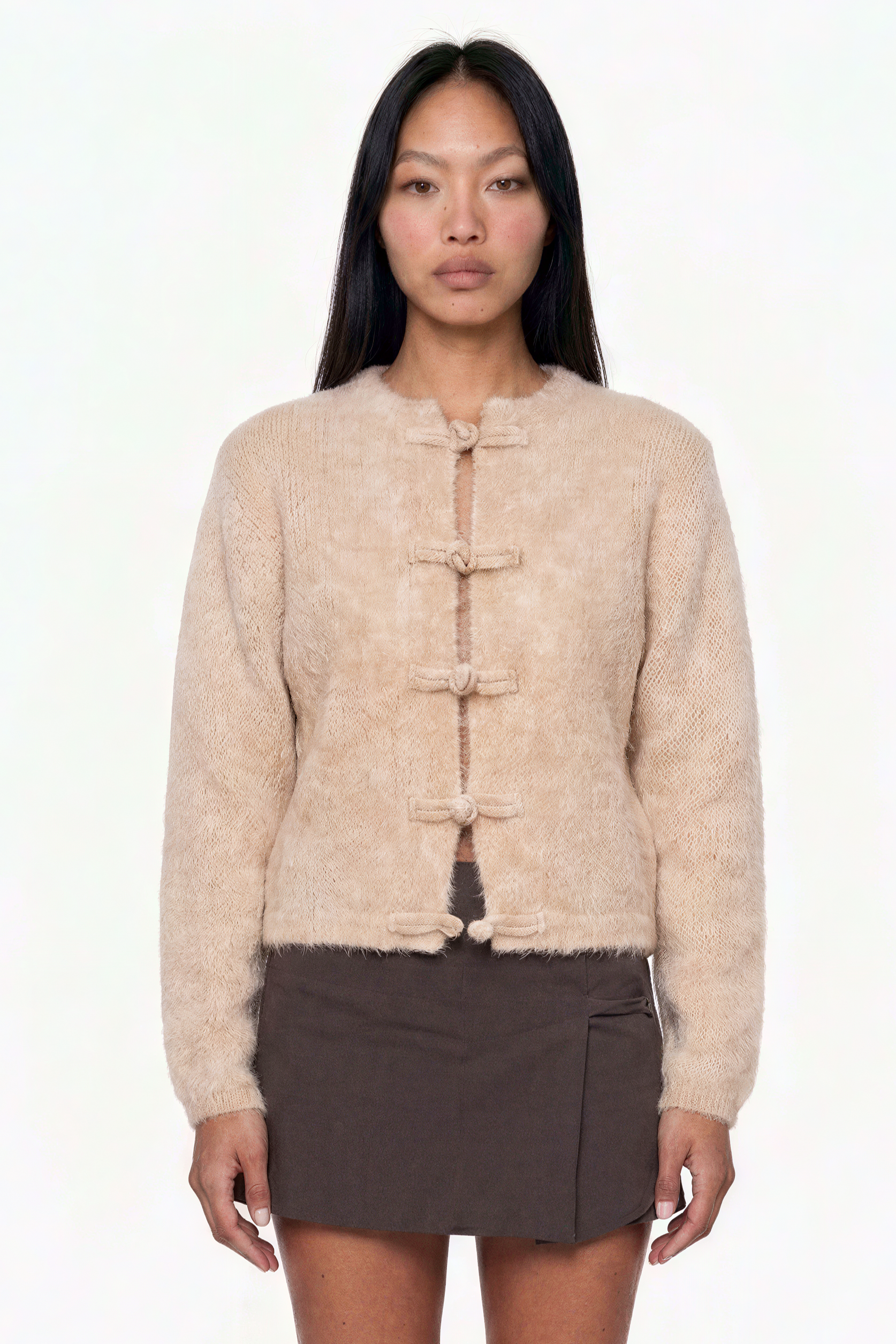 Beige Fuzzy Knit Cardigan